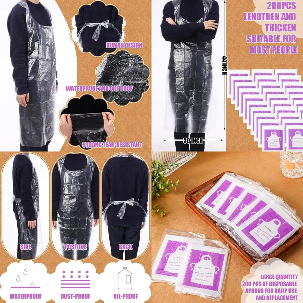 

200-Count Large Disposable Plastic Aprons, 44x30, Ideal for Cooking, Painting, and Various Occasions