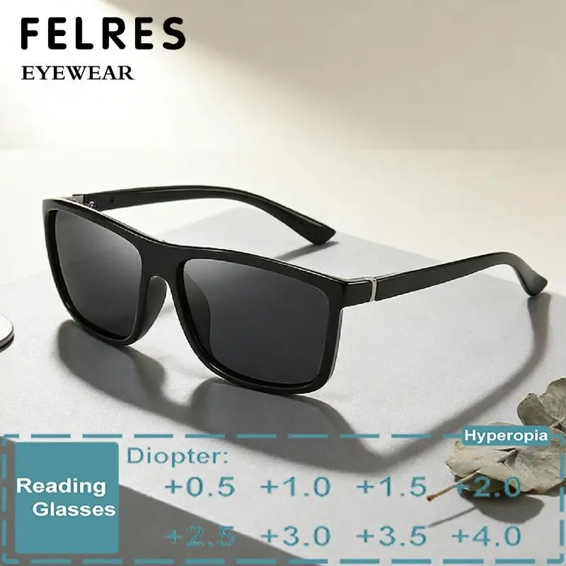 Trendige quadratische getönte Lesesonnenbrille für Herren und Damen, schwarz, verschreibungspflichtige Presbyopie-Brille, Outdoor-Sonnenbrille, Leser