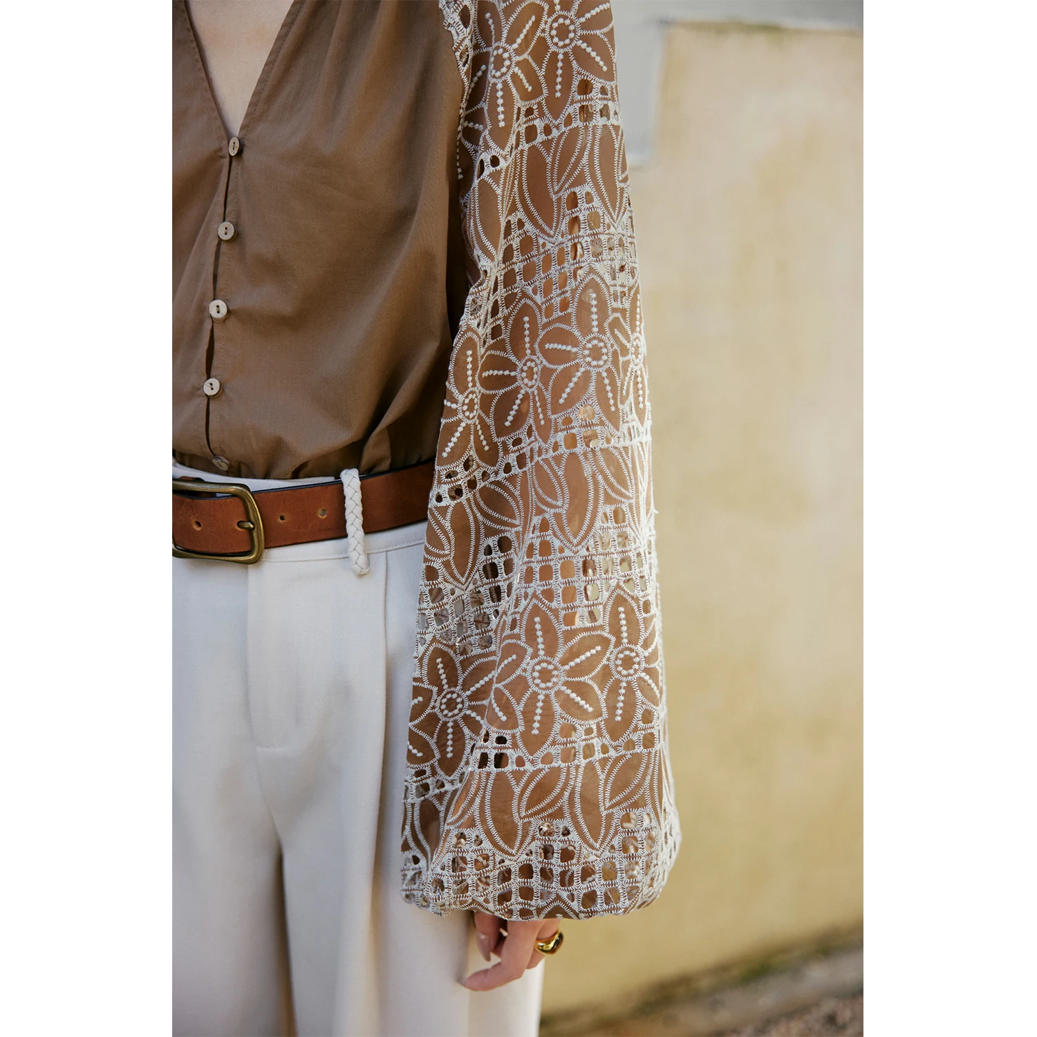 

Ele Rosebanks Embroidered Patchwork Lantern Sve irt Brown Tropical Vaion Sle Women's Faion Long Sve V-Ne