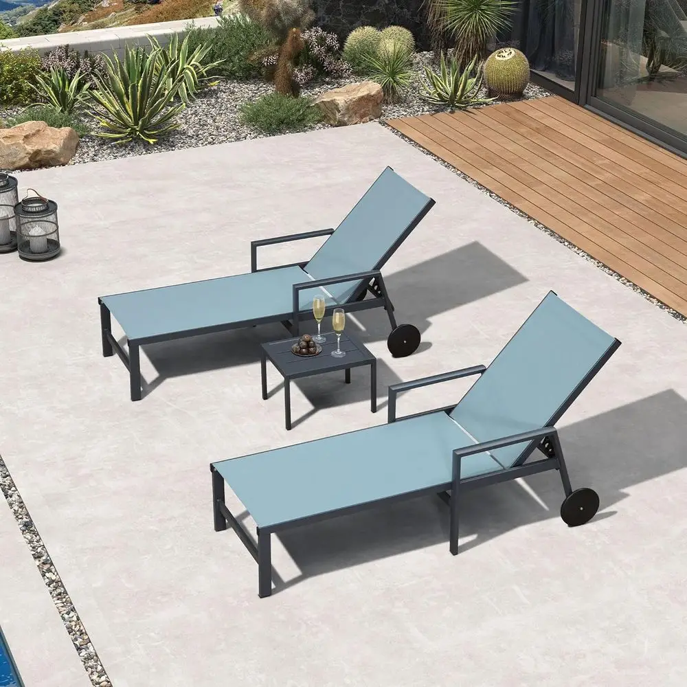

Adjustable Teal Patio Chaise Lounge Set with Armrests and Side Table for Poolside or Beach Use