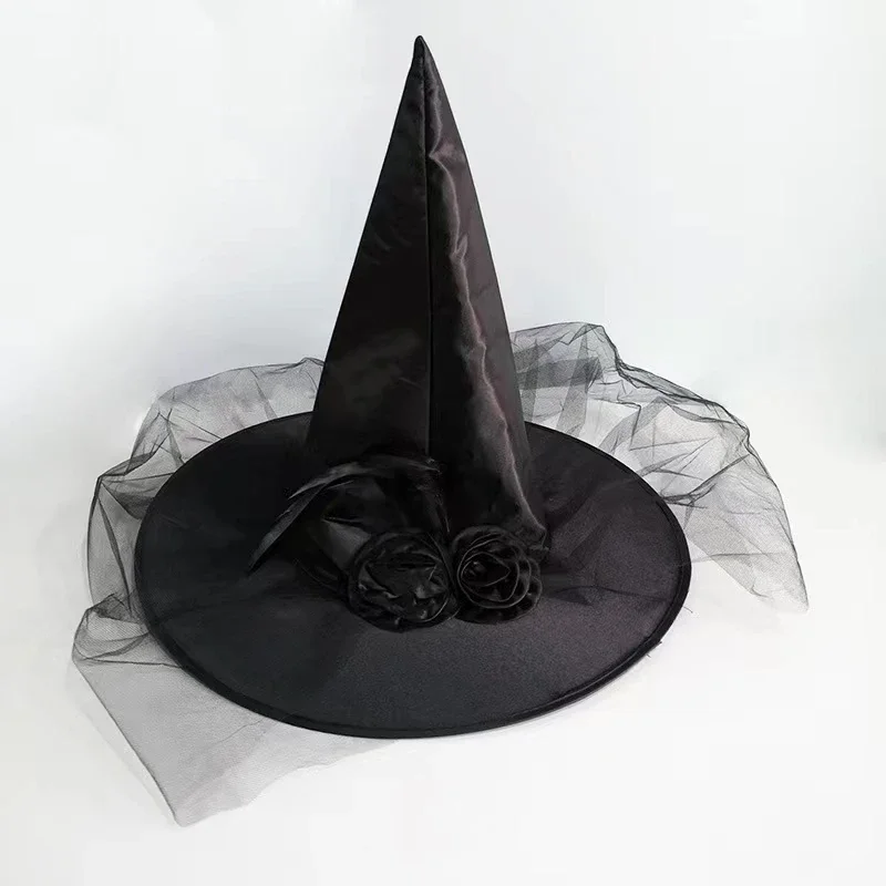 

*Halloween Witch Hats for Women Rose Feather Cosplay Witch Hat with Lace Veil Bag Packing for Masquerade