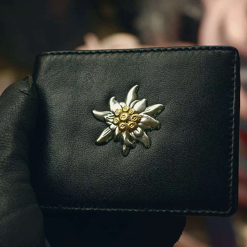 German Mountain Troops Edelweiss Badge Bi-fold Wallet Genuine Top Grain Sheepskin Leather Purse 5 Card Slots Cash Pocket