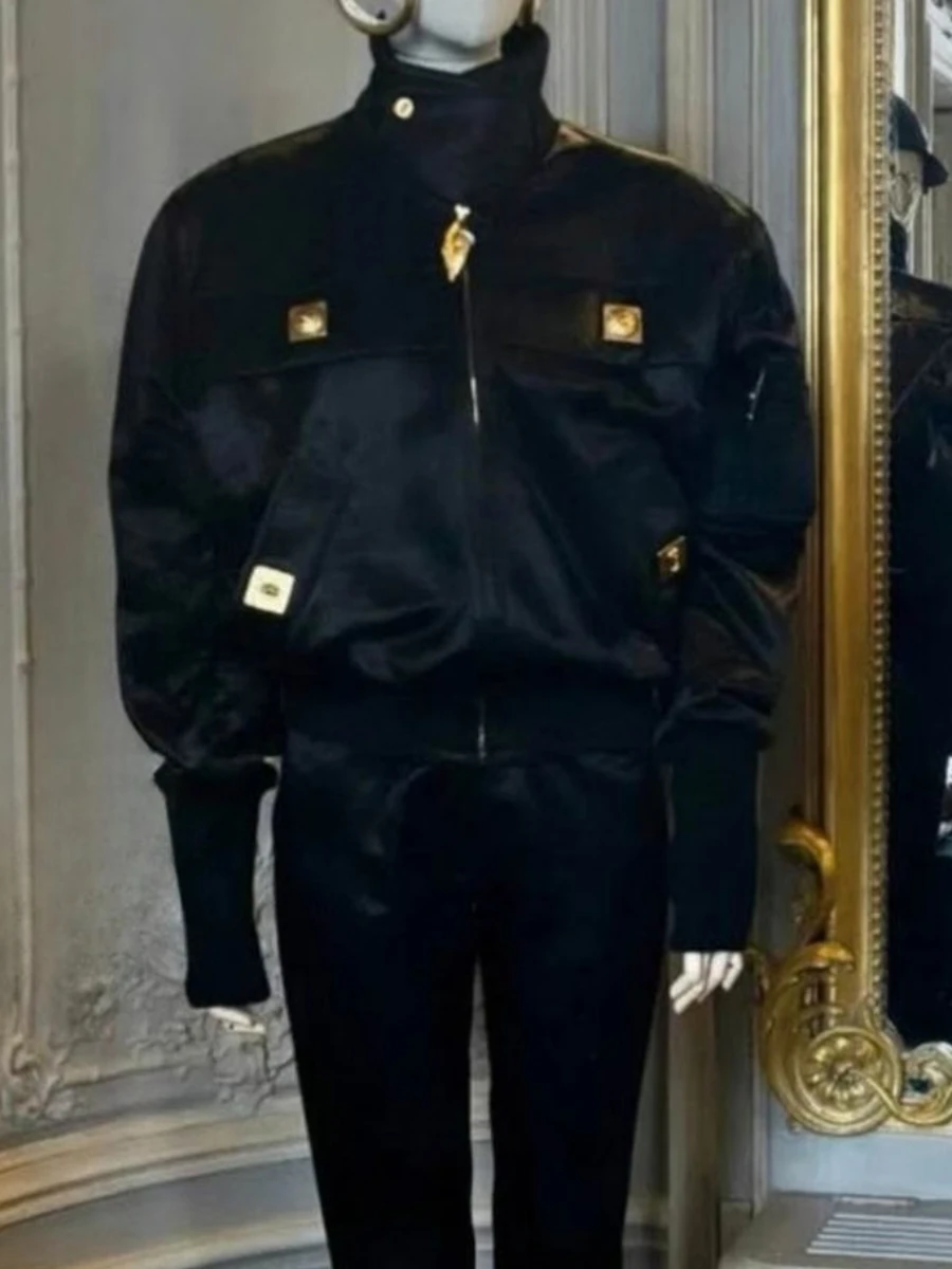 TWOTWINSTYLE Jednolite, łączone, cekinowe kurtki damskie z wysokim kołnierzem, długimi rękawami, patchworkowe kurtki na zamek błyskawiczny, nowe ubrania damskie