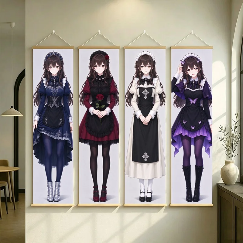 Gothic Anime Girl Wall Scroll with Dark Dresses in Navy Red Black and Purple in Full Length Illustration for a Bedroom