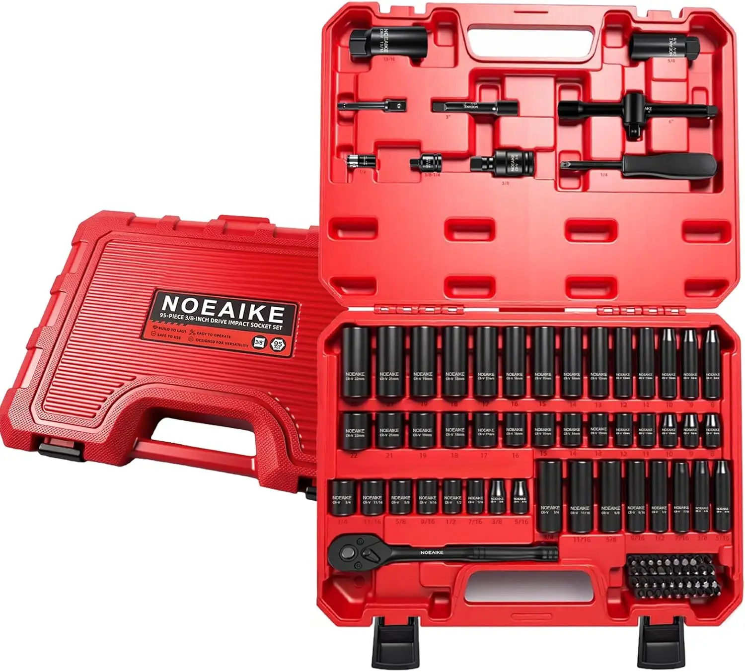 

Набор ударных головок с приводом 3/8 дюйма, 95 шт., 8-22 мм и 5/16'-3/4', Cr-V, 6-точечный, включает в себя удлинитель, универсальный шарнир, биты, свеча зажигания S