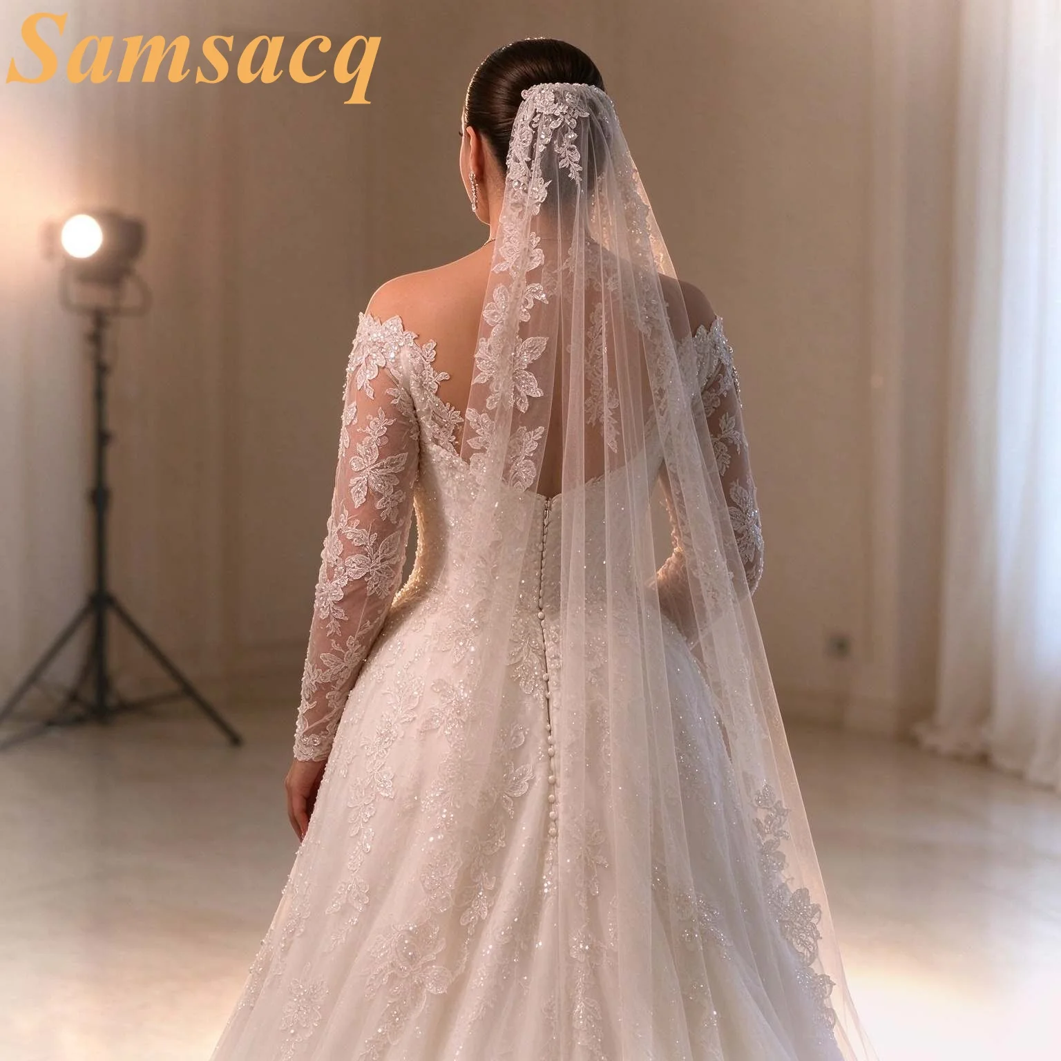Custom Wedding Dress, Off Shoulder Long Sleeve Lace Bridal Gown, A-Line Princess Wedding Dress with Train, Customizable Dresses