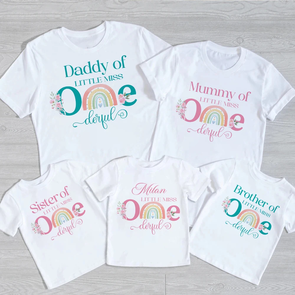 Personalized Miss One Derful Rainbow Printed Family Matching Shirt Girls Birthday Dad Mom Sister Brother Kids T-shirt Summer Tee