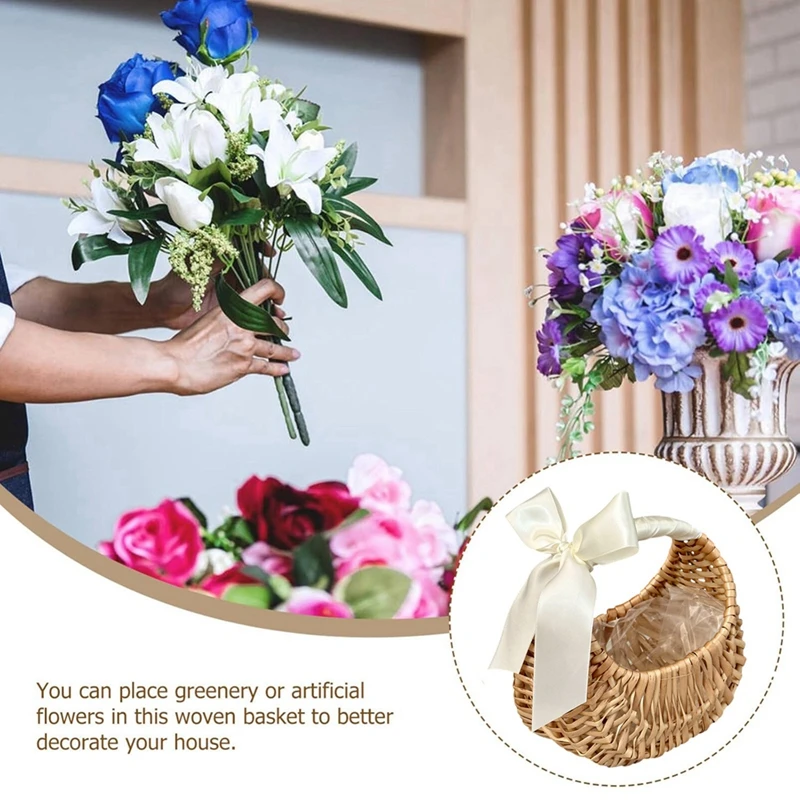 سلال زهرة فتاة مع مقبض وفيونكة شريطية، سلة تشكيلة زهور نصف قمر منسوجة يدويًا