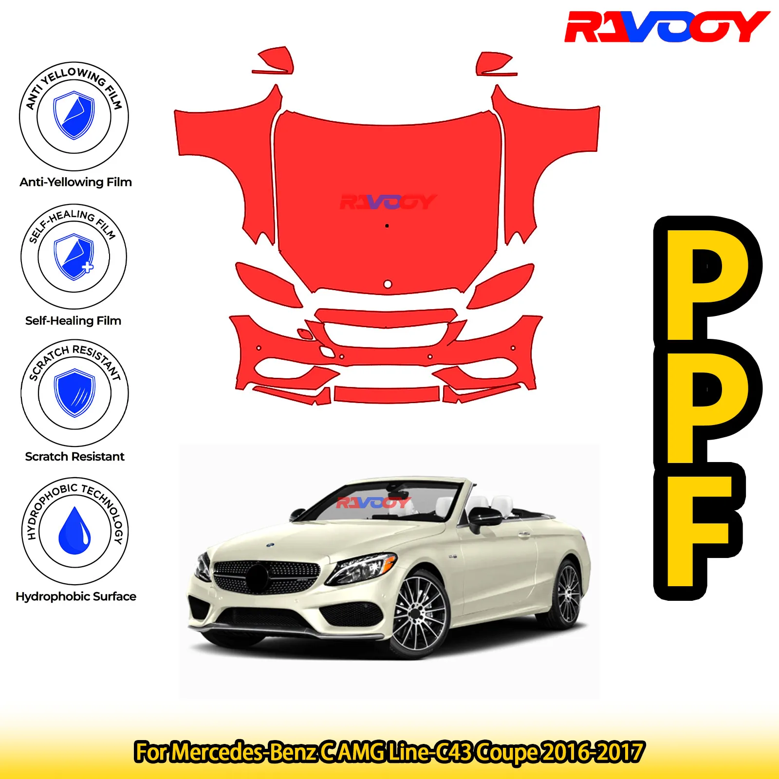 

For Mercedes-Benz C AMG Line-C43 Coupe 2016-2017 Glossy Matte Black Precut front PPF Kit Paint Protection Film