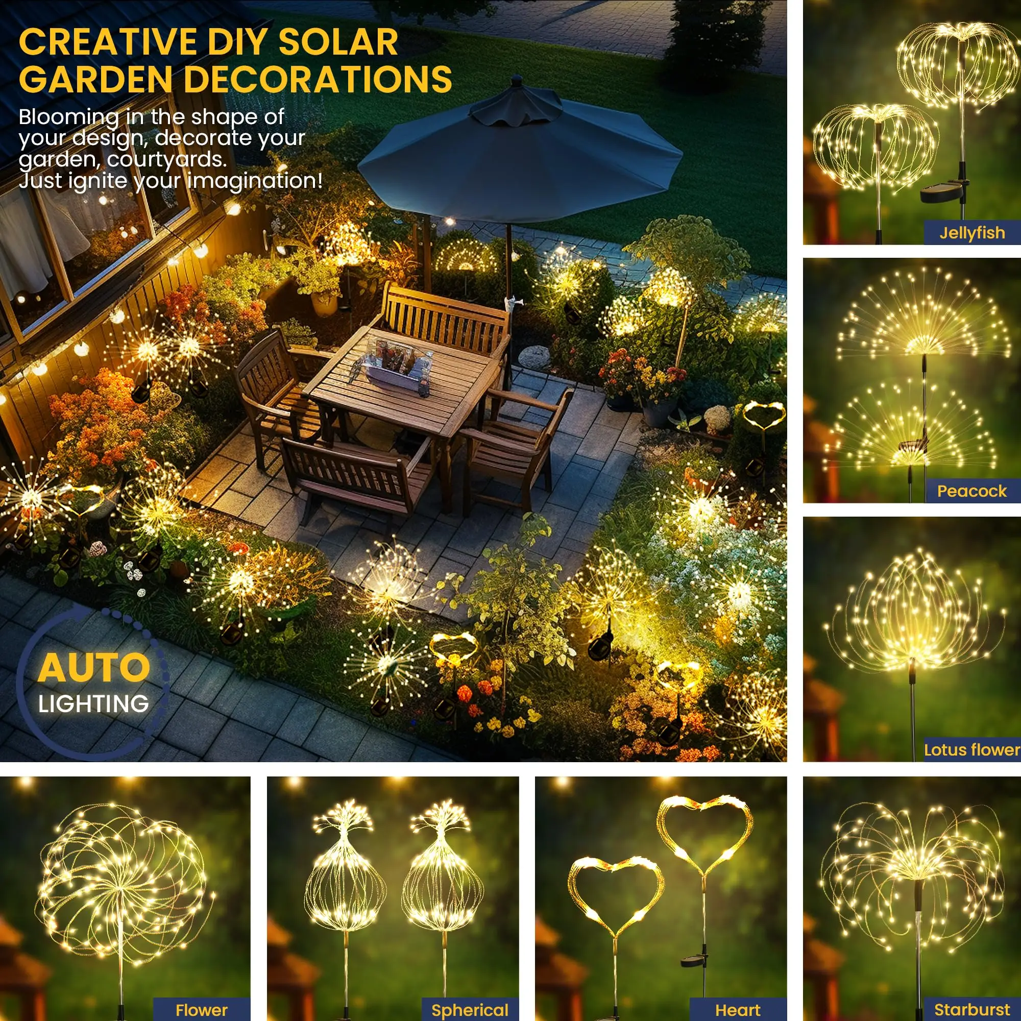 Jardim ao ar livre luz 120led solar jardim quintal fora fogos de artifício luzes solares para quintal caminho canteiro varanda pátio decorativo