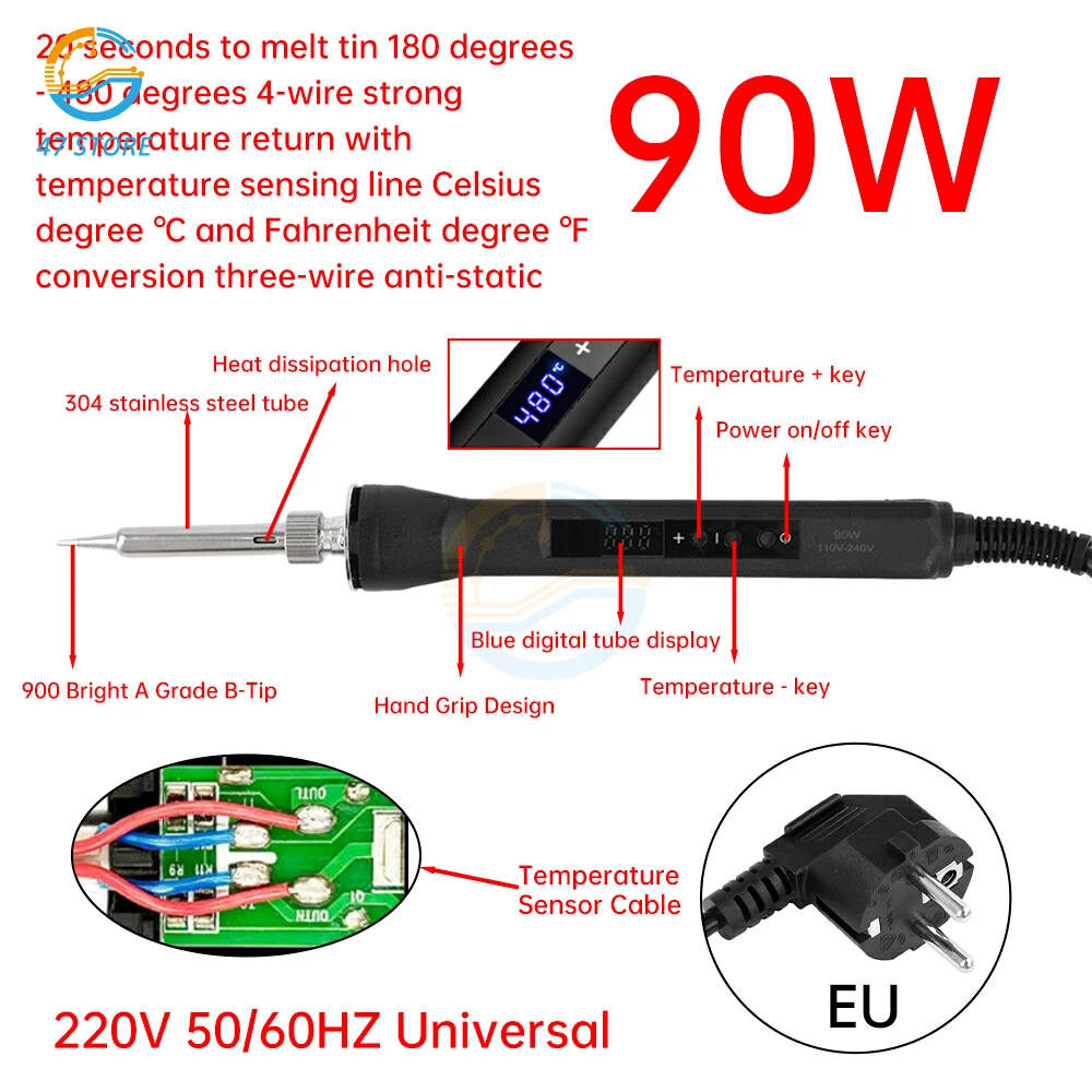 90W LED Digital Electric Soldering Iron Set AC 220V Adjustable Temperature Internal Heating Soldering Tips Repair Welding Tool