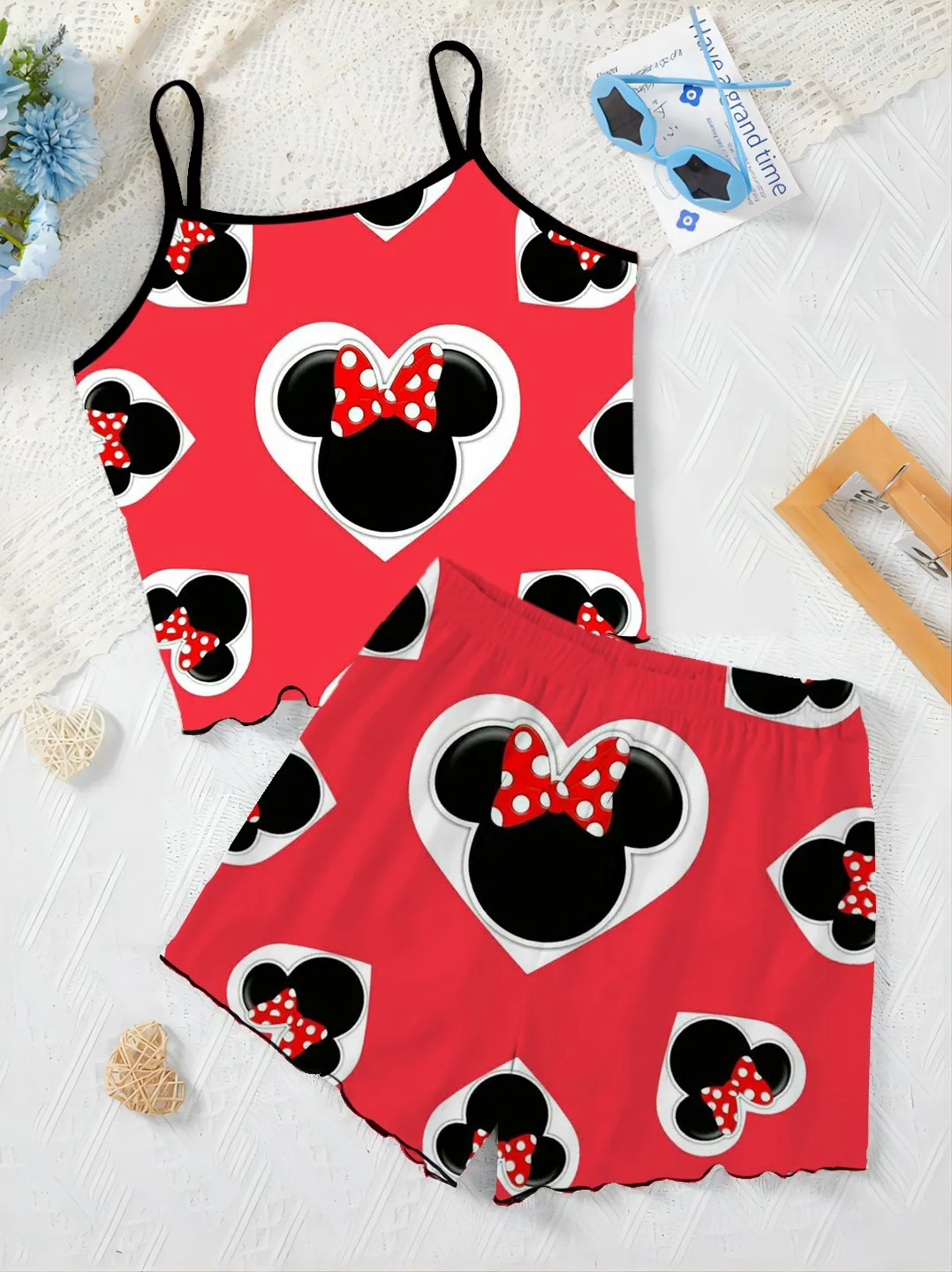 Top Sla Trim Minnie Mouse Korte Sets Voor Dames 2 Stuks T-Shirt Dames Pak Pyjama Rok Slip Dress Disney Mickey Elegant