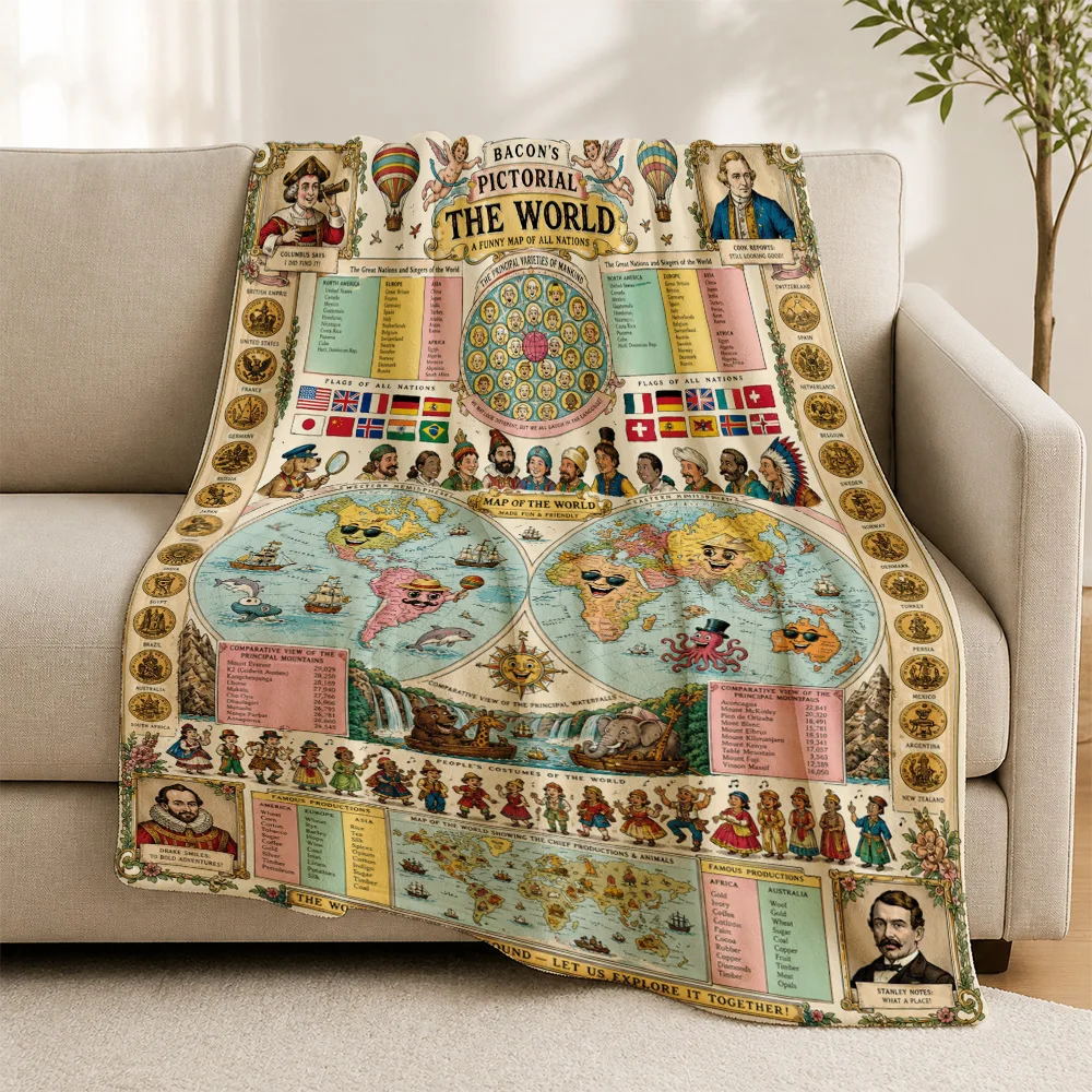 Vintage World Map Throw Blanket Sofa Couch Decor Retro Travel Geography Educational Picnic Blanket Large Size Antique Gift for H