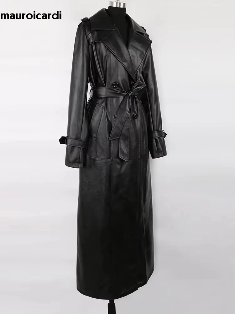 Mauroicardi Spring Autumn Waterproof Black Soft Pu Leather Trench Coat for Women Belt Double Breasted Floor Length Overcoat 2025