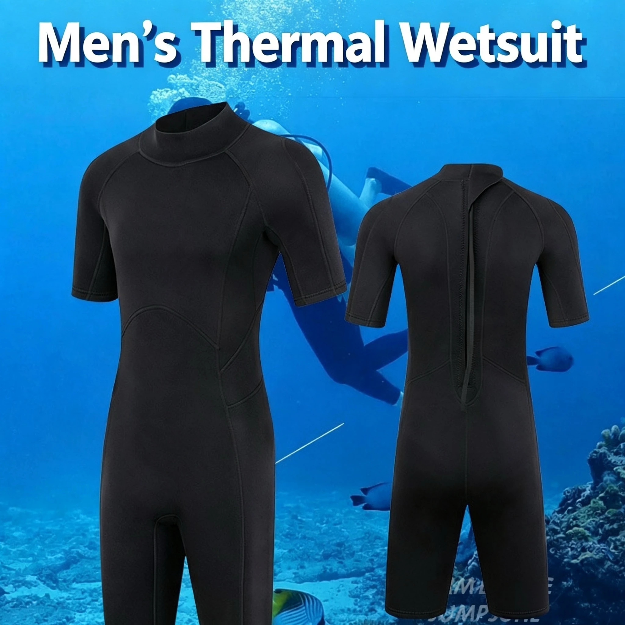 3mm Men Shorty Wetsuit Neoprene Short Sleeve One Piece Diving Suit Back Zip for Snorkeling Surfing