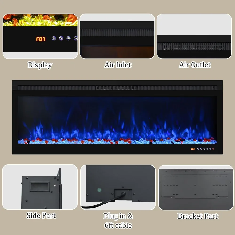 50-Inch Smart Wall-Mounted Electric Fireplace with App Compatibility and 13 Flame Color Combinations