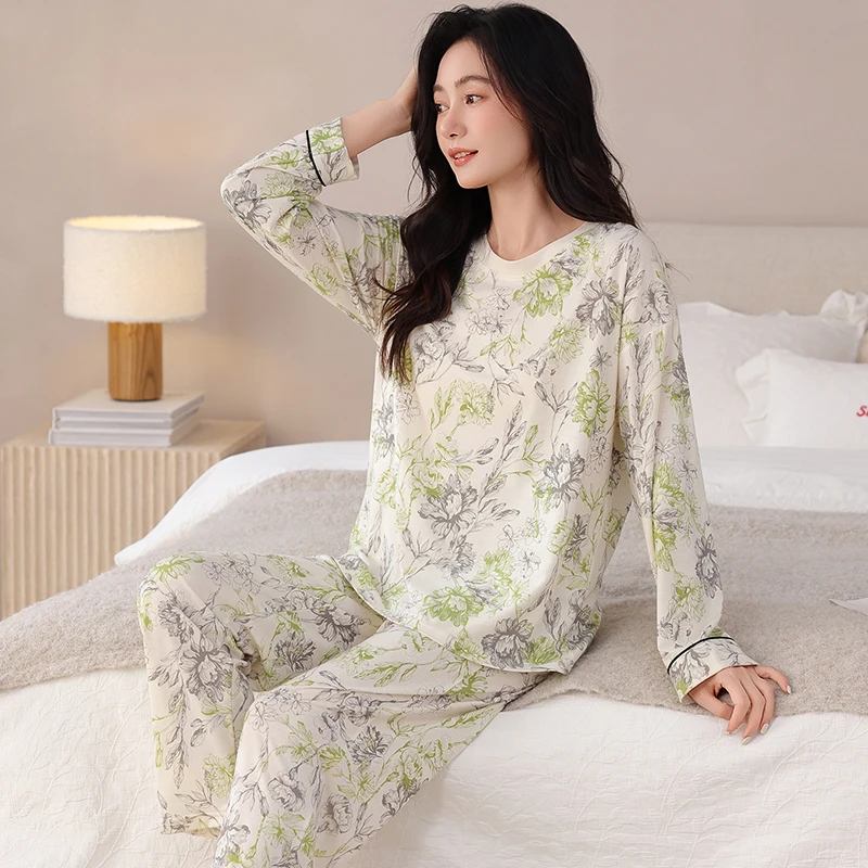 Autumn Women Pajamas Korean 2Pcs Sets Sweet Florals Pijamas Mujer Casual Tracksuit Modal Sleepwear Long Sleeve Home Clothes 5XL