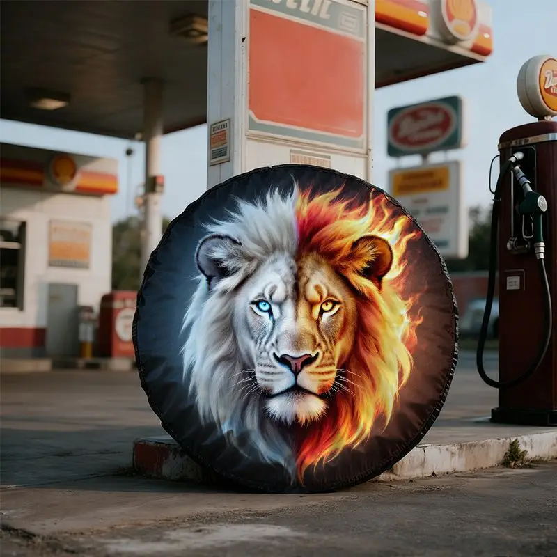 Creative Two-Tone Lion Head Printed Tire Cover Made Of Polyester Fiber, A Personalized Car Tire Protector With An Elastic Hem Fo