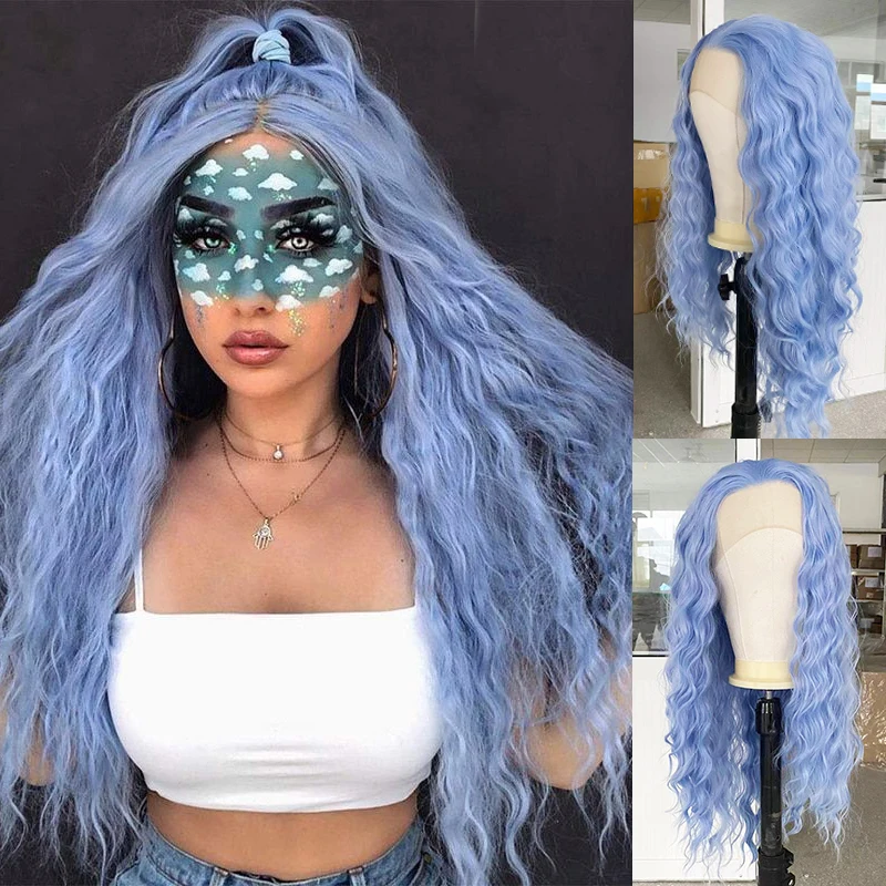 AIMEYA Light Blue Synthetic Lace Front Wig for Women Heat Resistant Fiber Cosplay Wigs  Natural Hairline Loose Wave Wig