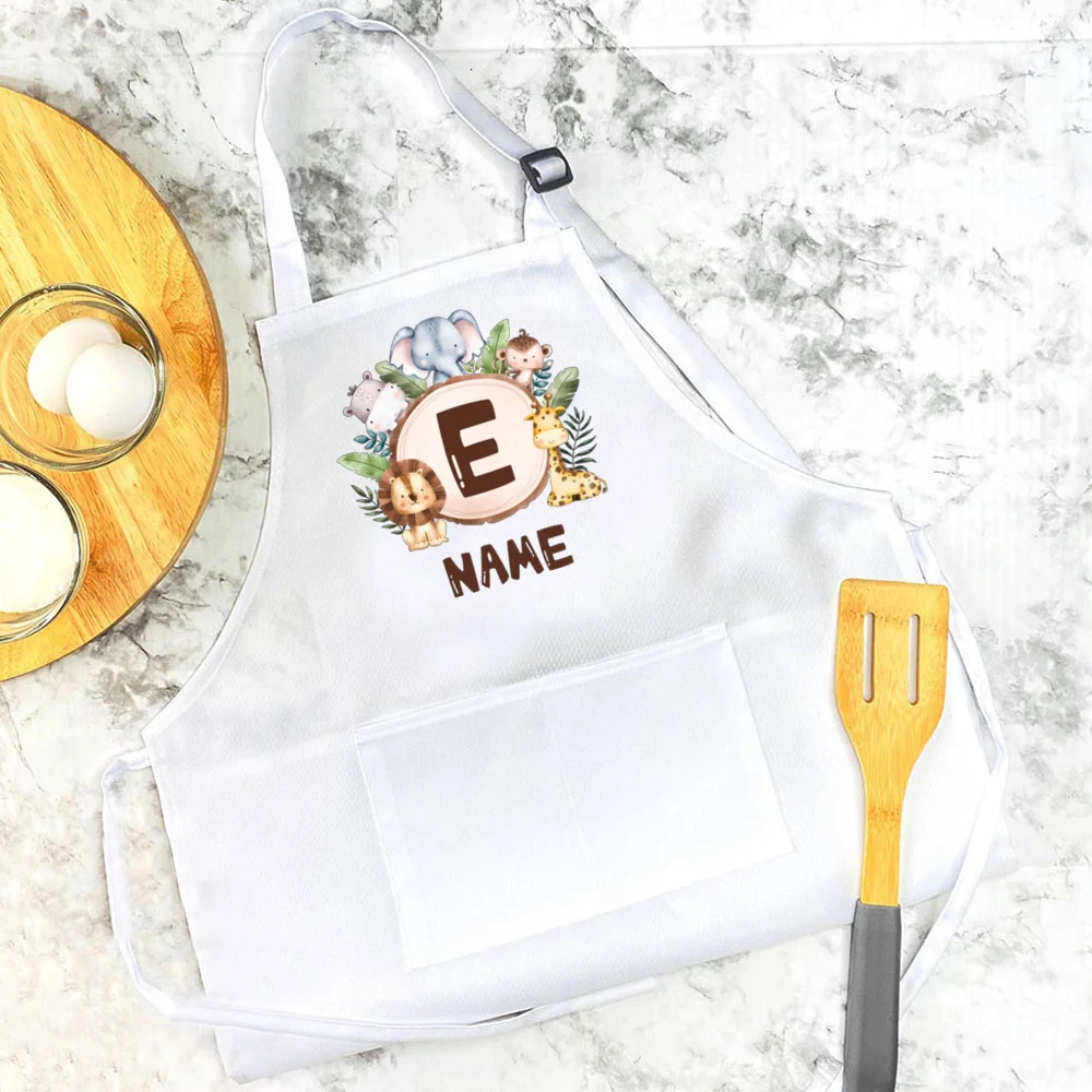 Personalized Kids Apron Cooking Kitchen Apron Safari Animals Initial and Name  Apron for Children Girls Boys Cooking Apron Gift