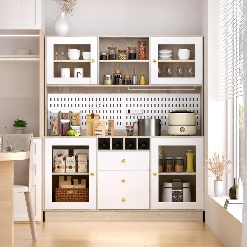 Kitchen Hutch Cabinet, Pantry Cabinet, Freestanding Buffet Hutch with Pegboard, Cup Holder, Power Outlet, 4 Doors & 3 Drawers