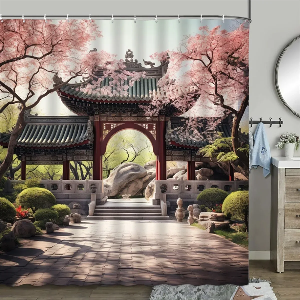 Chinese Style Shower Curtain Vintage Wood Board Garden Building Green Plant Bamboo Pattern Bathroom Decor Curtain Set