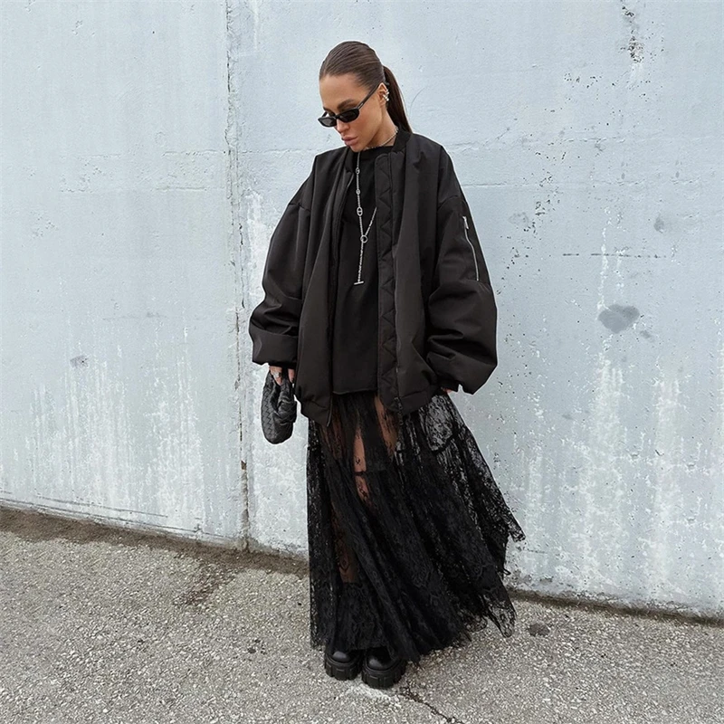Elegant Black Lace Maxi Skirt Women's High Waist Bottom Summer Sexy Sheer Niche Aesthetic Skirt Fashion Patchwork Umbrella Skirt
