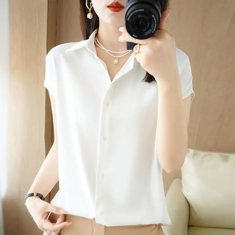 Temperament Sleeveless Blouse Summer New Polo Neck Loose Solid Color All-match Button Shirt Tops Fashion Elegant Women Clothing