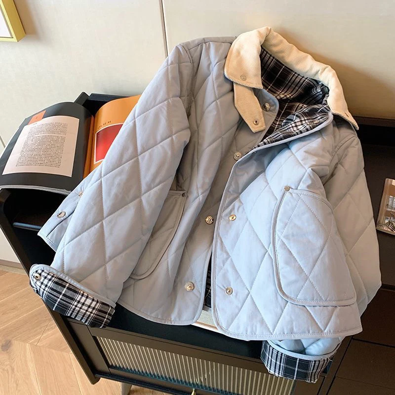 

Short Parkas Women Harajuku Plaid Patchwork Puffer Jacket Korean Pockets Down Coats Winter Fashion Casual Padded Outerwears New