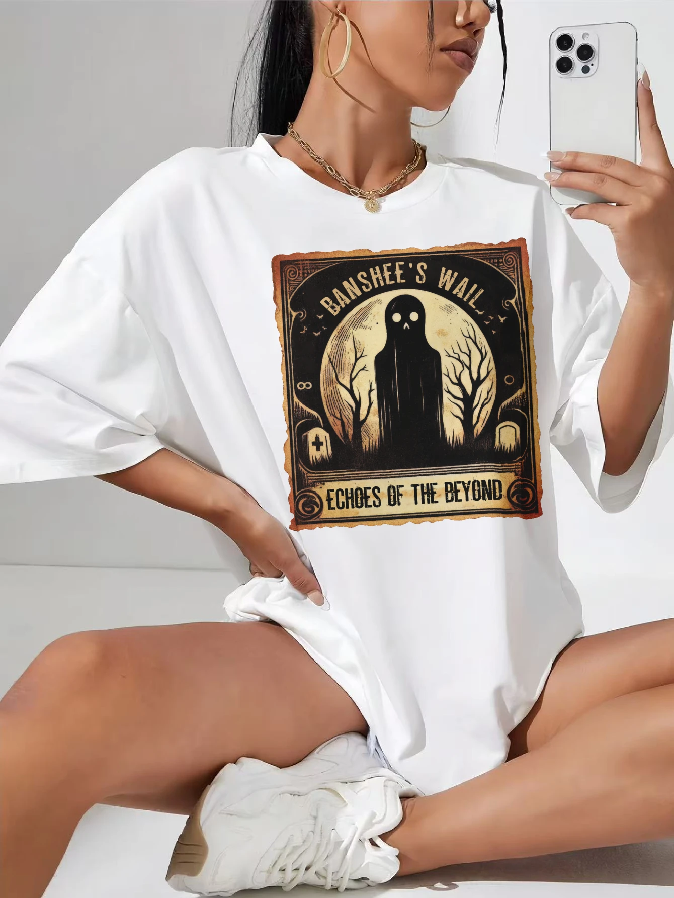 

Хэллоуин скелеты плюс размер Белая футболка с круглым вырезом для женщин Хлопковая мягкая свободная удобная посадка со праздничным принтом на Хэллоуин Стильная