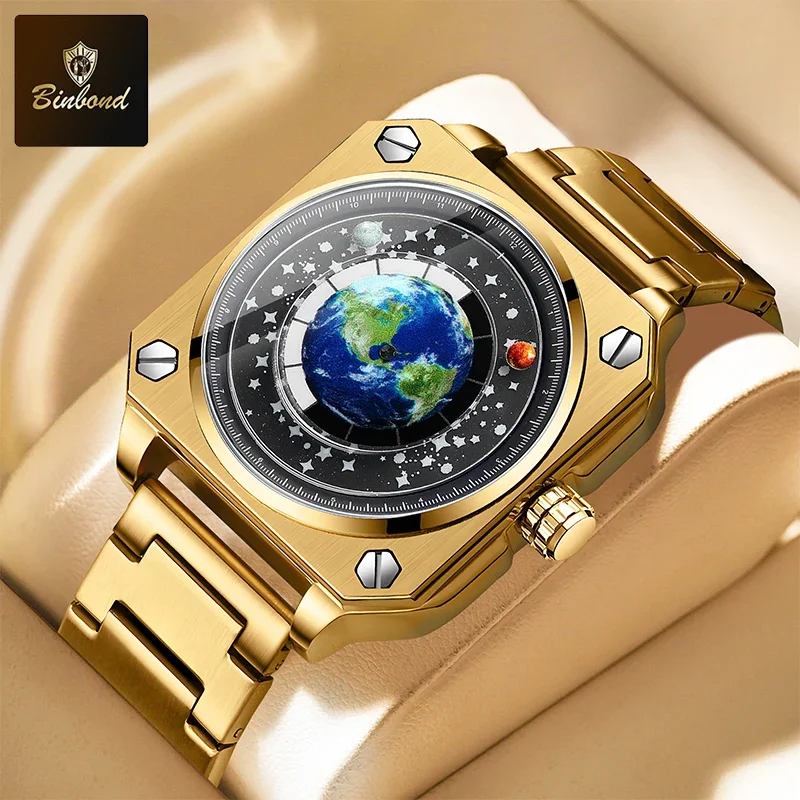 BINBOND New Fashion Men Quartz Watch Rotating Earth Dial Of Creative Blue Planet Pointer Steel Band Waterproof Men Watch Reloj