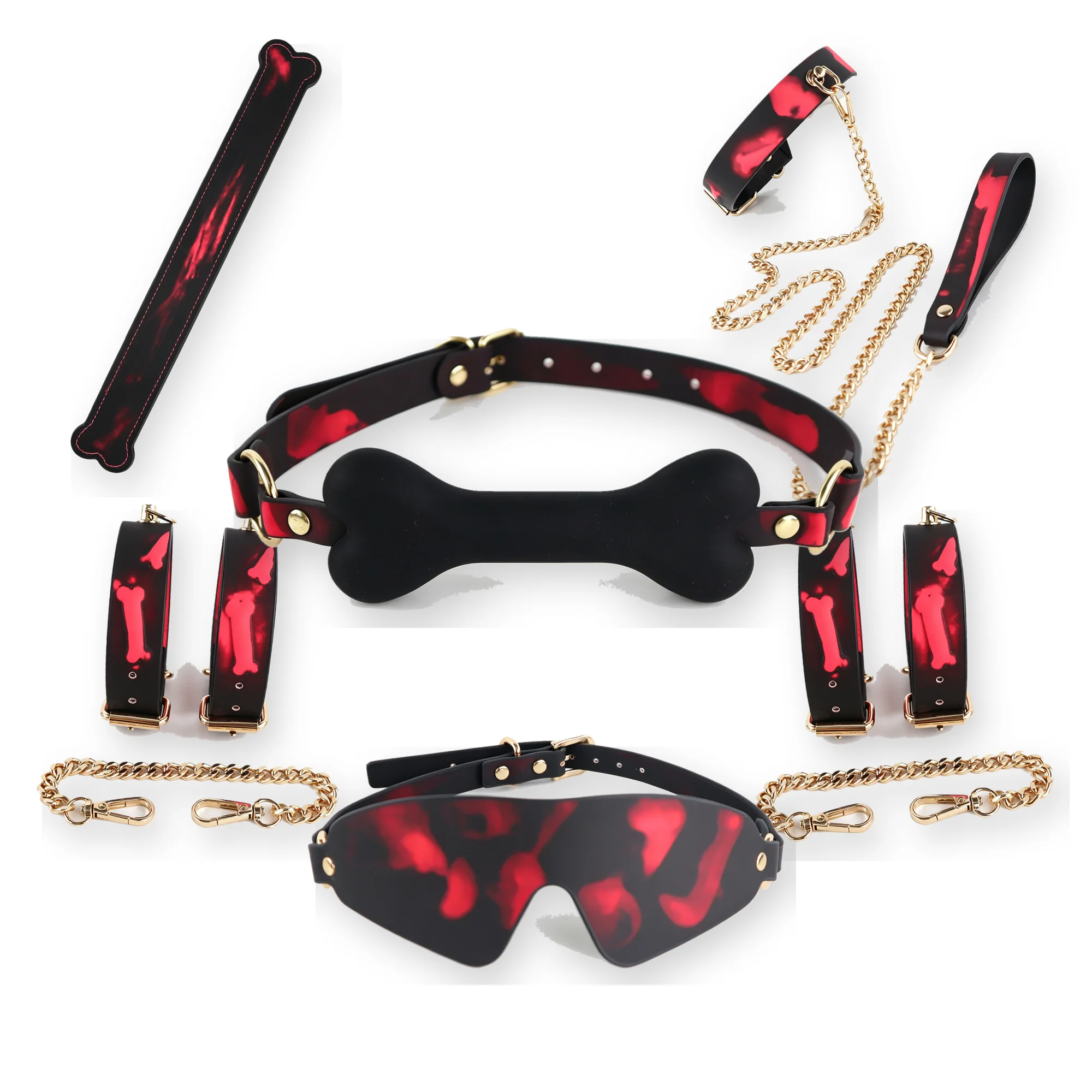 Thermal Color Changing Bondage Set 6Pcs PU Leather Collar Leash Cuffs Paddle Blindfold Bone Gag Restraint Couples Adult Play Kit