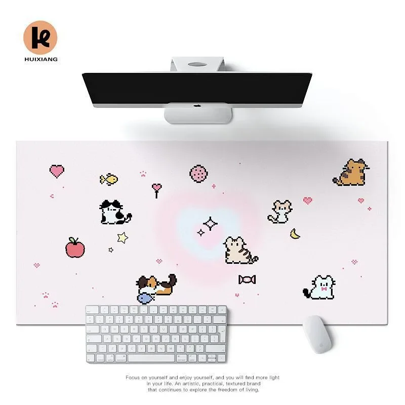 Simple Niche Pixel Cute Little Cat Leather Non-Slip Rubber Mouse Pad Oversized Computer Pad Cartoon Office Desktop Y2K Mouse Pad