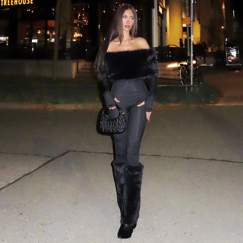 

Женские сексуальные элегантные обтягивающие комбинезоны из искусственного меха в стиле пэчворк с разрезом на шее и длинными рукавами, персиковые бедра, тонкие вечерние клубные комбинезоны