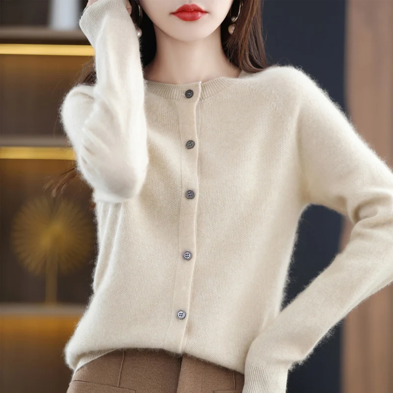 Autumn And Winter New 100% Australian Pure Wool First-Line Ready-To-Wear Women\'s Round Neck Sweater Cardigan All-Match Coat 019