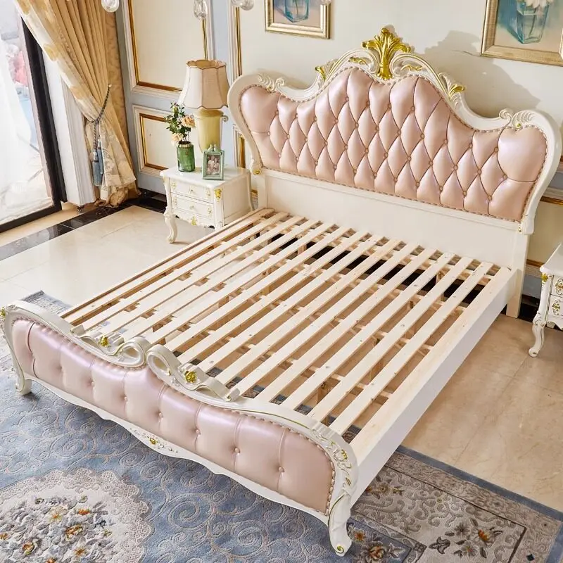 W23 - european style solid wood and genuine leather 1.5 meter princess bed for master bedroom 1.8m king size bed 2.2m wide bed
