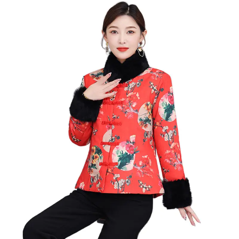 Estilo chinês acolchoado jaqueta outono inverno retro fivela curto engrossado gola de pele e manguito roupas algodão mãe acolchoado casaco t674