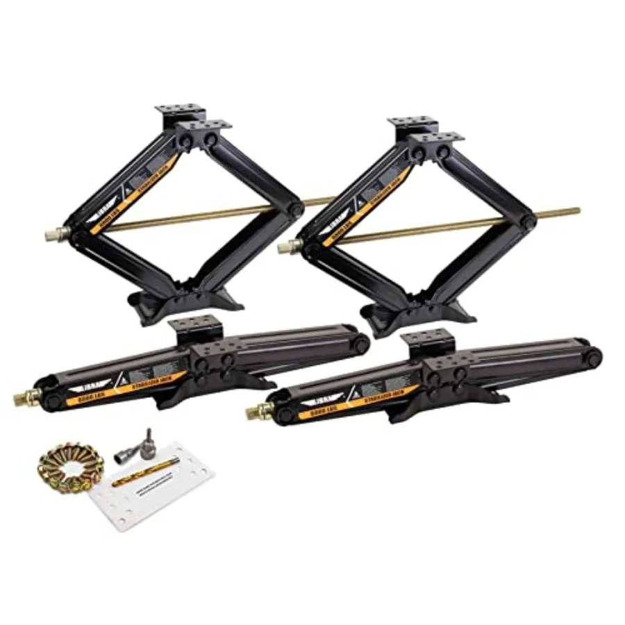 Set of 4 6000 lb 24 RV Trailer Stabilizer Leveling Scissor Jacks w/Dual Power Drill Sockets Complete Set of Mounting Hardware -