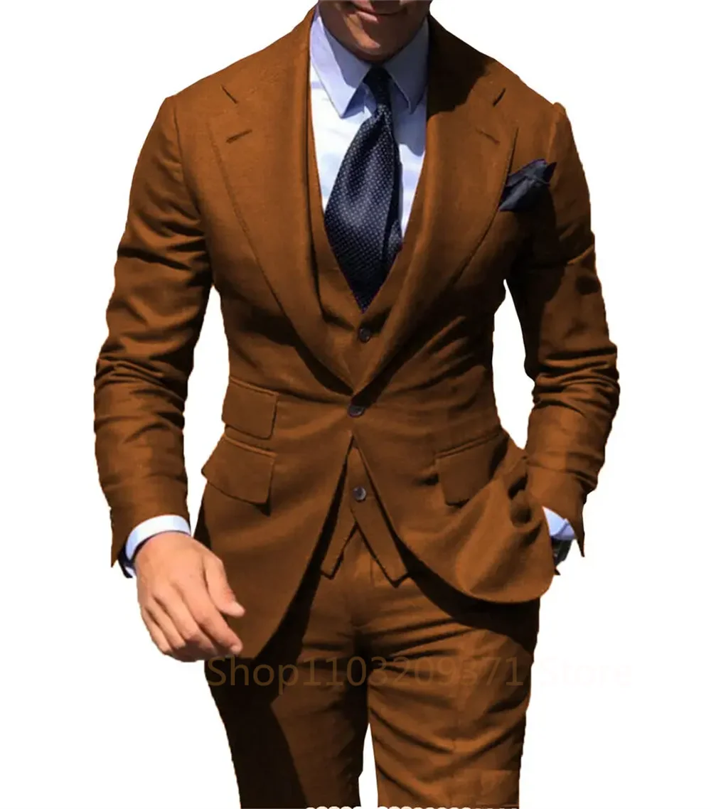 Nieuw Bruin 2024 Pak Mannen Smoking Bruidegom Groomsman Prom Bruiloftfeest Formele 3-delige Set Jas Vest Broek