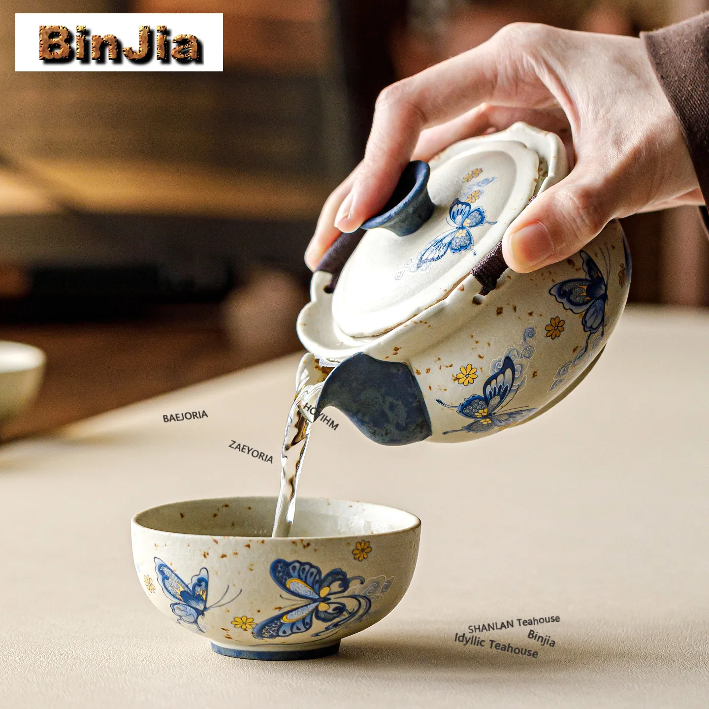 Hand Painted Butterfly Travel Tea Set Kit Elegant 1 Pot 3 Cups Household Tea Maker Organizer Portable Picnic Tote Bag Supplies