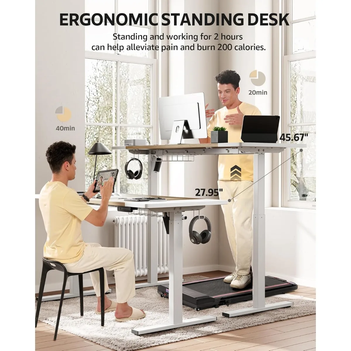 Mesa de pé elétrica ajustável, sentar Stand up Desk com gerenciamento de cabos, 3 altura ajustável, 55x24 in