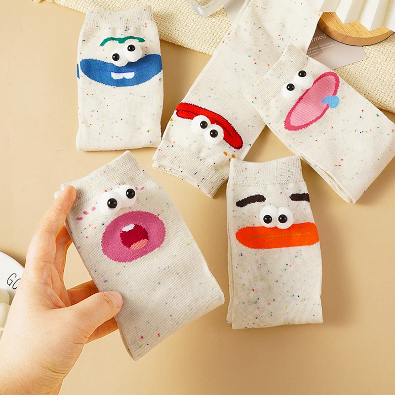 

Милые носки до середины икры с 3D большими глазами, женские уродливые милые забавные носки с героями мультфильмов, 5 пар повседневных носков из смеси хлопка, причудливые выразительные носки