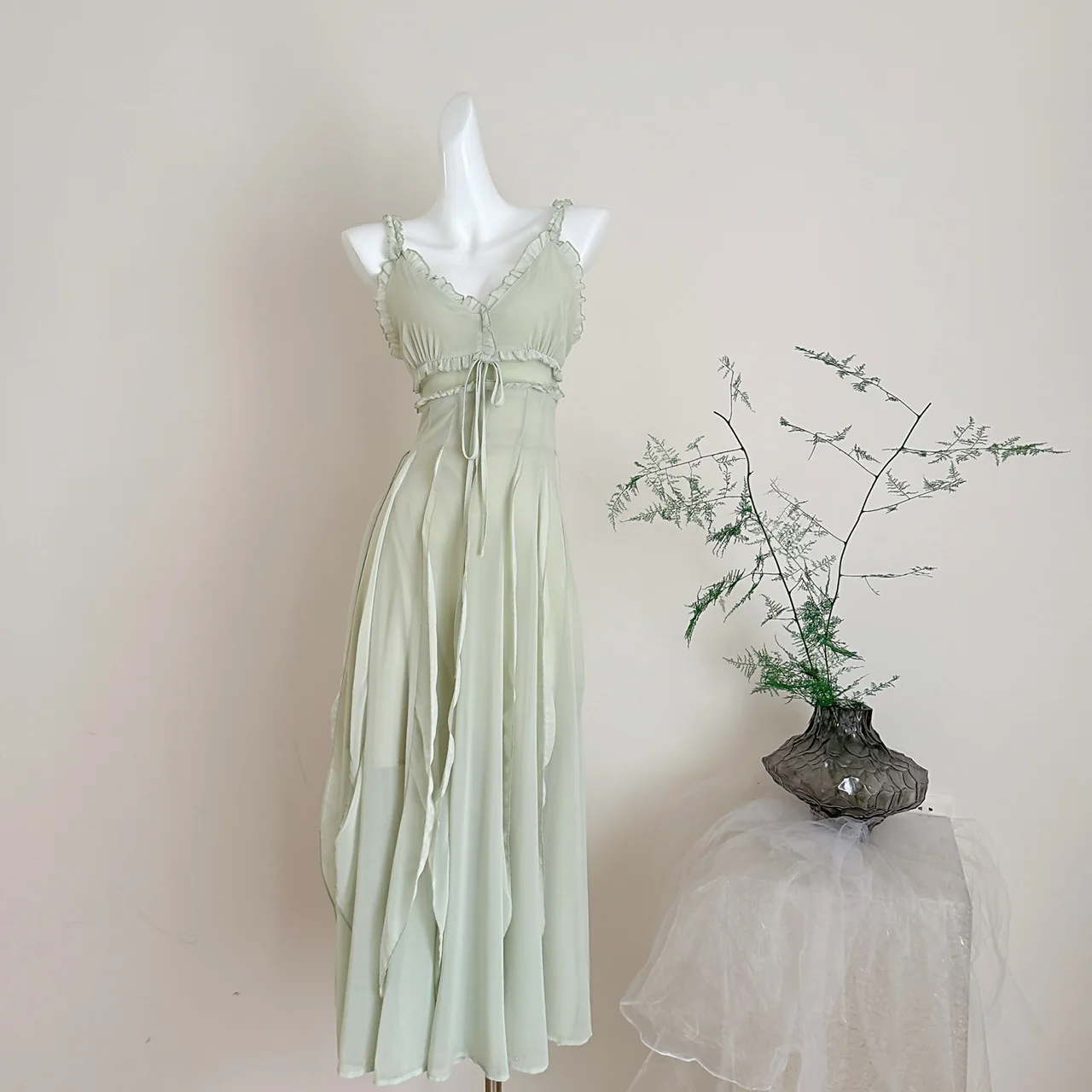Women's Summer Elegant Ruffled V Neck Sleeve A Line Long Dress Ladysexy Backless Solid Color Sleeveless Strap Dress