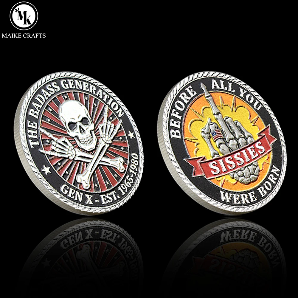 Gen X Skull Challenge Coin 1965-1980, The Badass Generation Commemorative Collectible, Gothic Medal Gift