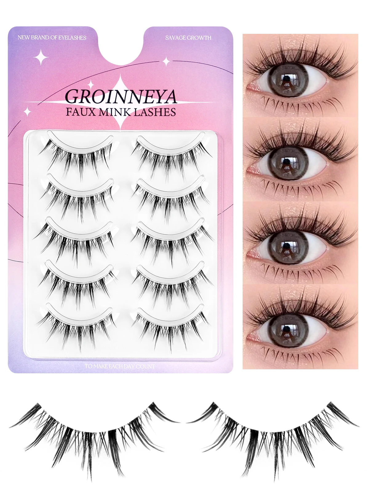 GROINNEYA Koreanische Manga-Wimpern, 5 Paar falsche Wimpern, falsche Wimpern, natürliche Wispy, weiche Wimpernverlängerung, Comic-Auge, transparentes Band