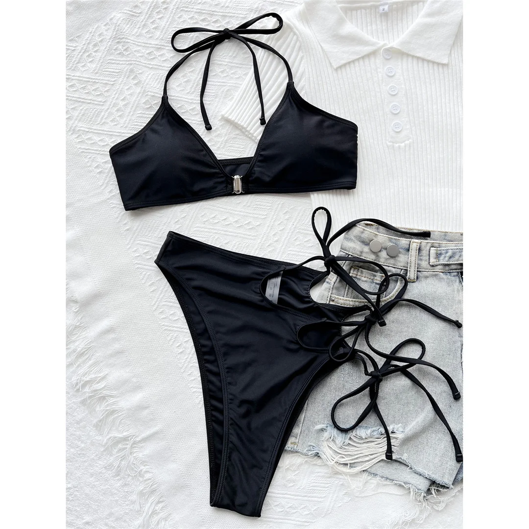Damen-Badeanzug, asymmetrischer Schnitt, mit Trägern, hohe Taille, zweiteiliger Bikini, Badebekleidung, Badeanzug, Modell V3674. – Detail 12