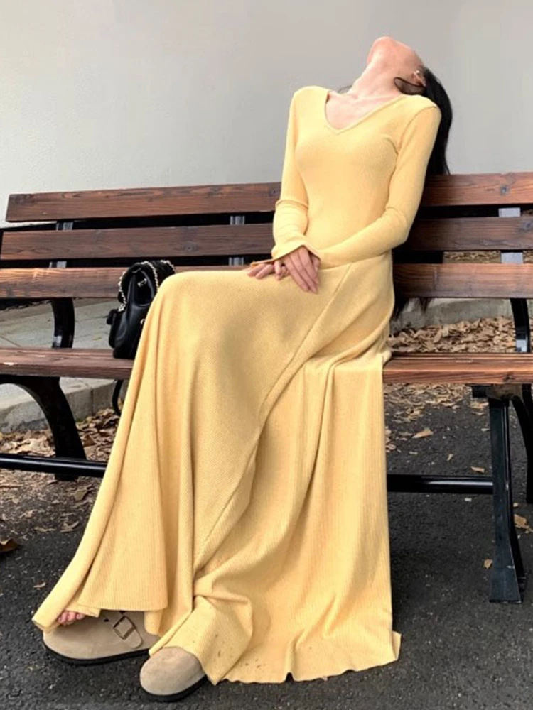 Bla V-Ne Long Sve Gebreid Dr Dames Herfst Winter Slim Fit Innerlijk Lang Dr Koreaanse Sle Hoge taille Polyestervezel