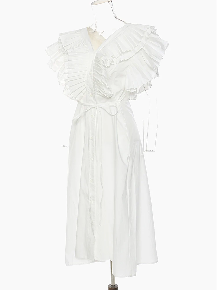 [EAM] Women Blue White Pleated Ruffles Elegant Long Shirt Dress New V-Neck Sleeveless Fashion Tide Spring Summer 2024 1DH5646