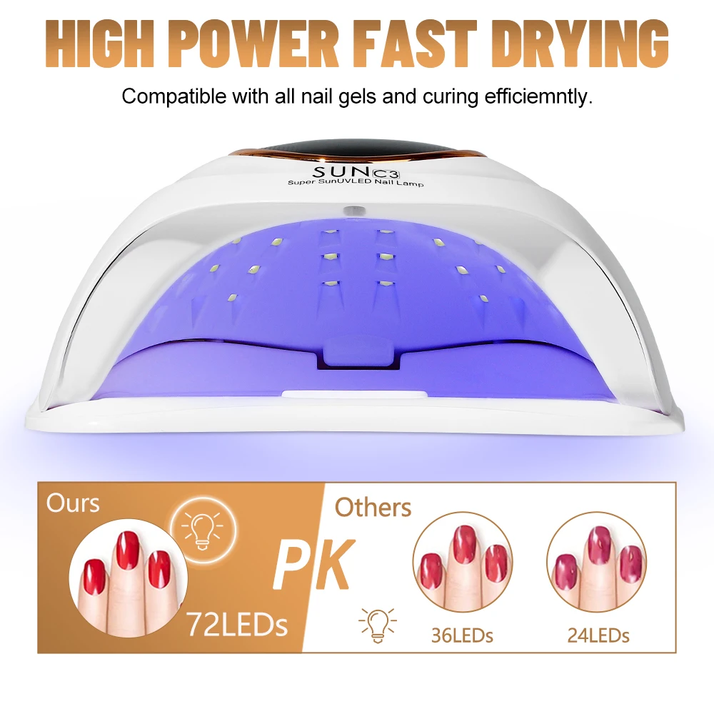 Lámpara de uñas LED UV de gran potencia, 72 LED, con 4 ajustes de temporizador, Sensor automático, lámpara de curado de Gel profesional, luz de esmalte de Gel para salón y hogar