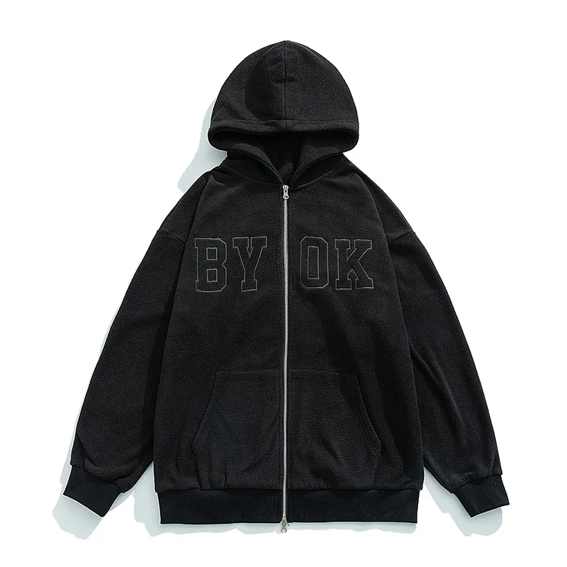 Men's Zipper Hoodies, Letter Embroidery Sweatshirts, Hip Hop Streetwear, Fleece Jackets, Male Casual Loose Coats, Autumn, Winter